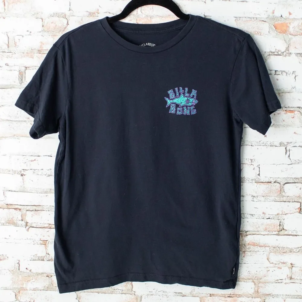 Billabong Boys L 14 T-Shirt Black Shark Graphic Logo Skate Surf Short Sleeve